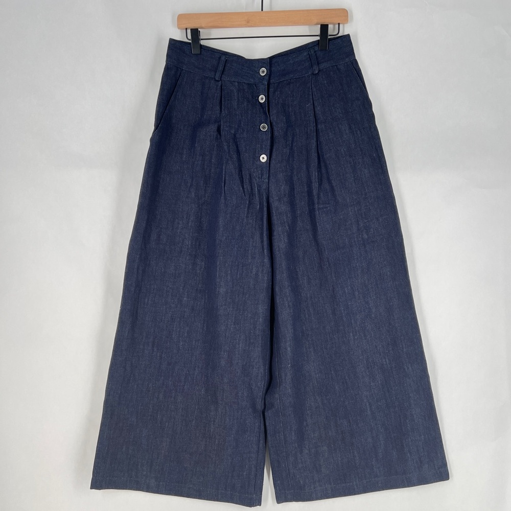Vivid Linen Blue Linen Denim-Like High Rise Pleated Wide Leg Crop Trousers 12